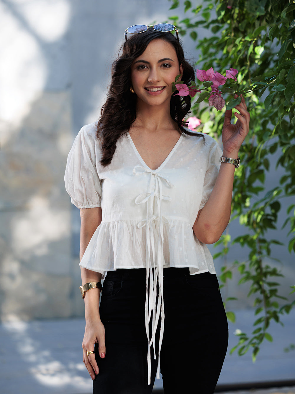 Elya Front Tie-Up Peplum Top White
