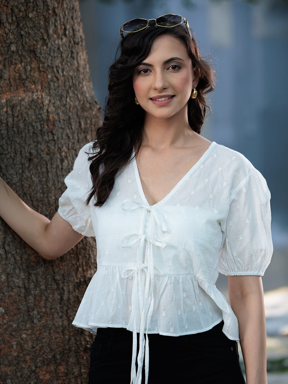 Elya Front Tie-Up Peplum Top White