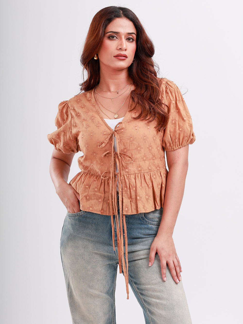 Elya Front Tie-Up Peplum Top Brown