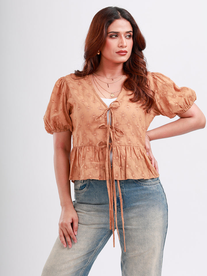 Elya Front Tie-Up Peplum Top Brown