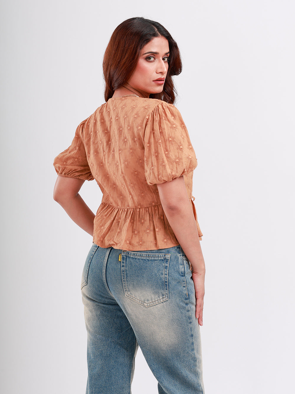 Elya Front Tie-Up Peplum Top Brown