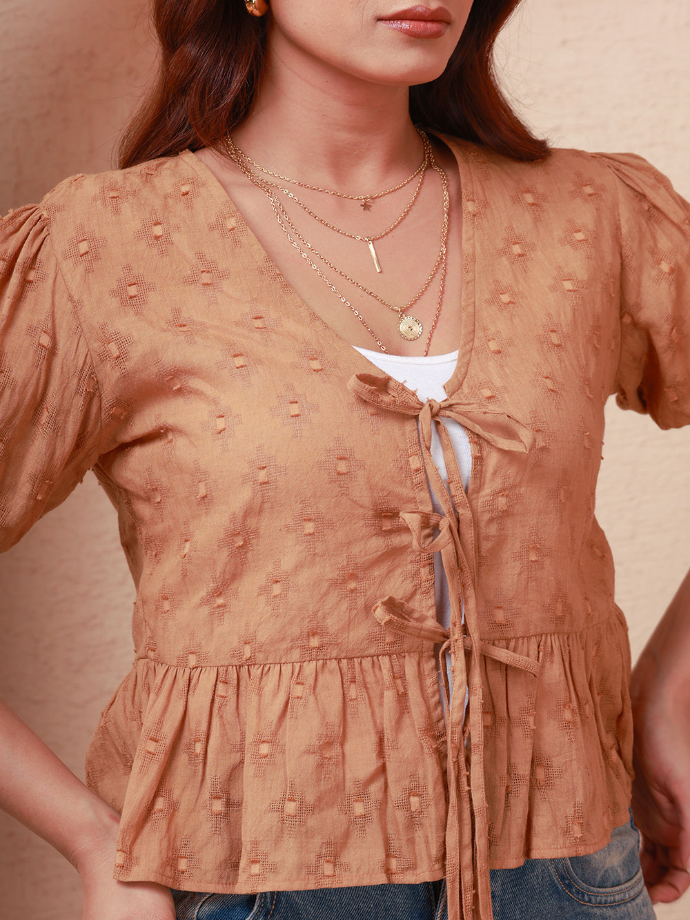 Elya Front Tie-Up Peplum Top Brown